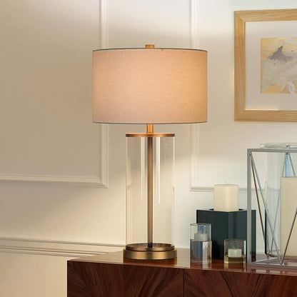 Henn&Hart 28" Tall Table Lamp with Fabric Shade in Antique Brass/White, Lamp, Desk Lamp for Home or Office