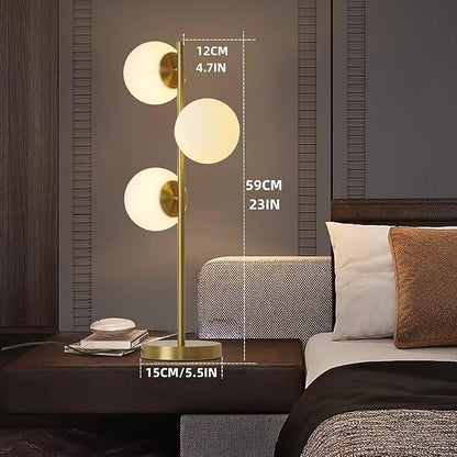 Mid-Century Modern 3 Globe Table Lamp with White Glass Shades - Gold LED Nightstand Light for Bedroom & Office
