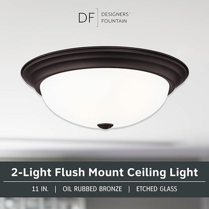 DESIGNERS FOUNTAIN Reedley 2-Lights Flush Mount Ceiling Light, 11 Inch Lighting Fixture for Kitchen, Bedroom, Bathroom, and Hallway, Oil Rubbed Bronze with Etched Glass, 1257S-ORB-W