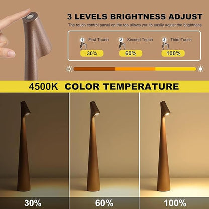 Cordless Small Table Lamps Set of 2,3 Levels Brightness Portable Desk Lamp,Rechargeable Battery Lights for Outdoor, Restaurant, Bedside, Baby Night Light,Gifts(Brown)