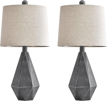 PoKat 20.25" Rustic Farmhouse Table Lamp Sets of 2 for Living Room Bedroom Deep Grey Contemporary Classic Bedside Nightstand Lamp with White Fabric Shade, Suitable for Small Place
