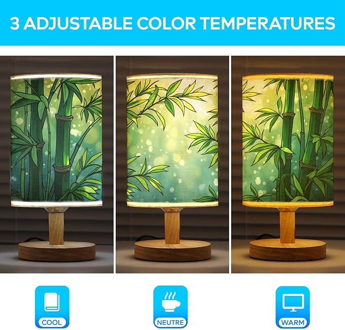 Lucky Bamboo Table Lamp LED 3-Color Pressed Bedside, Lucky Bamboo Shade Lamp with Wood Base for Bedroom Living Room Desk Office