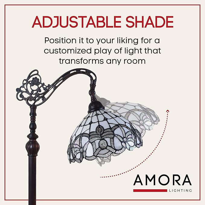 Amora Tiffany Floor Lamp - Arched, Stained Glass 62” - Traditional White Mahogany with Foot Switch Operation and Adjustable Lamp Shade - Custom Handcrafted Floor Lamps for Living Room