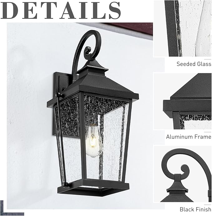 zeyu 22 Inch Outdoor Lights for House, 1-Light Outdoor Wall Sconce for House Porch, Die-Cast Aluminum with Seeded Glass, Black Finish, ZW105B-M BK