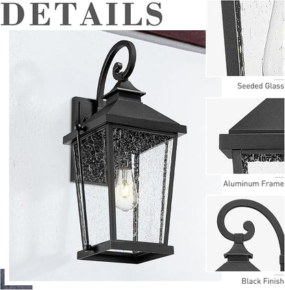 zeyu 22 Inch Outdoor Lights for House, 1-Light Outdoor Wall Sconce for House Porch, Die-Cast Aluminum with Seeded Glass, Black Finish, ZW105B-M BK