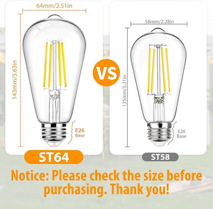 12Packs ST64 Large Vintage LED Edison Bulbs, 60W Equivalent 7W, 800Lumens, Dimmable Antique LED Filament, 3000K Warm White, E26 Medium Base Light Bulbs High Brightness Clear Glass for Bedroom Office