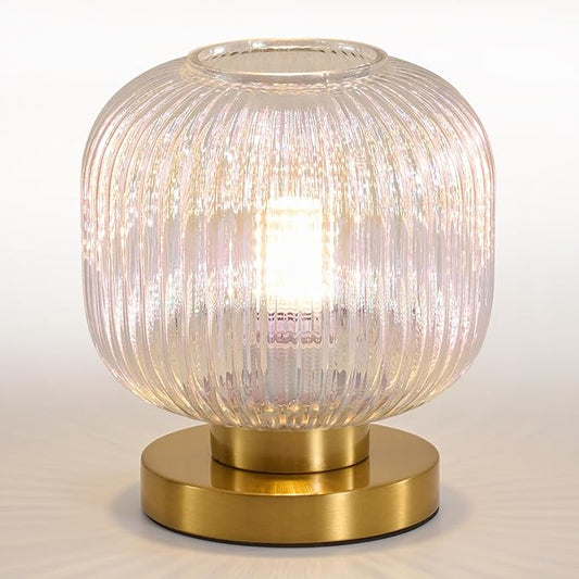 Dimmable Small Glass Table Lamp: Mid Century Modern Nightstand Light With Stained Shade - Small Decorative Brass Desk Lamp - Ribbed Glass Bedside Tables Lamps for Bedroom Living Room Bulb Excluded