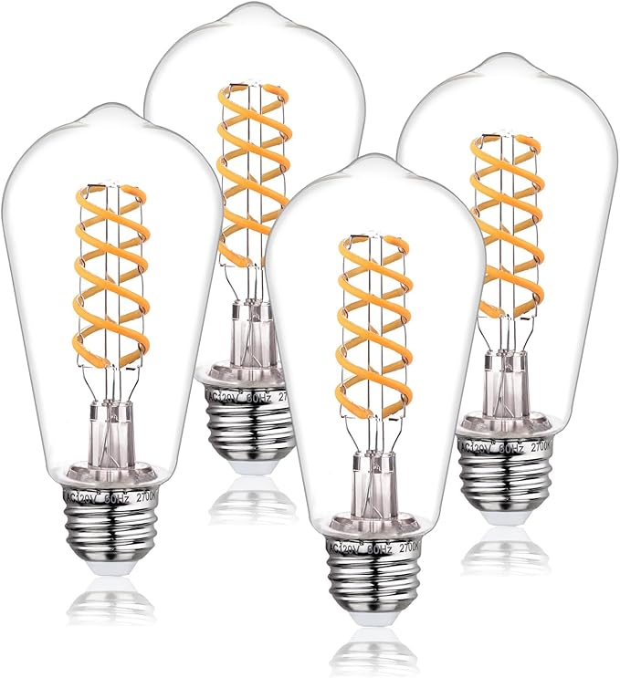 E26 Base Spiral LED Bulb, Soft White 2700K, ST58/ST19 Antique LED Filament Bulbs with 80+ CRI, 600 LM, 6W Equivalent to 60W, Antique Plastic Style for Home, Bedroom, Office, Farmhouse,4 PCS