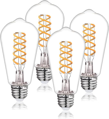 E26 Base Spiral LED Bulb, Soft White 2700K, ST58/ST19 Antique LED Filament Bulbs with 80+ CRI, 600 LM, 6W Equivalent to 60W, Antique Plastic Style for Home, Bedroom, Office, Farmhouse,4 PCS