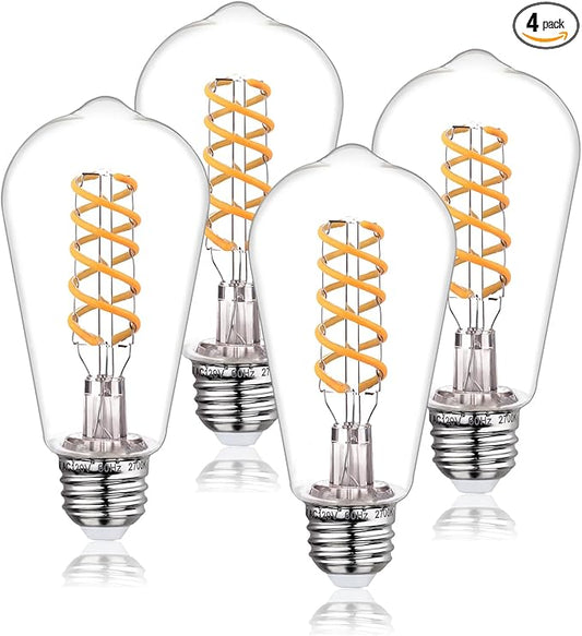 E26 Base Spiral LED Bulb, Soft White 2700K, ST58/ST19 Antique LED Filament Bulbs with 80+ CRI, 600 LM, 6W Equivalent to 60W, Antique Plastic Style for Home, Bedroom, Office, Farmhouse,4 PCS
