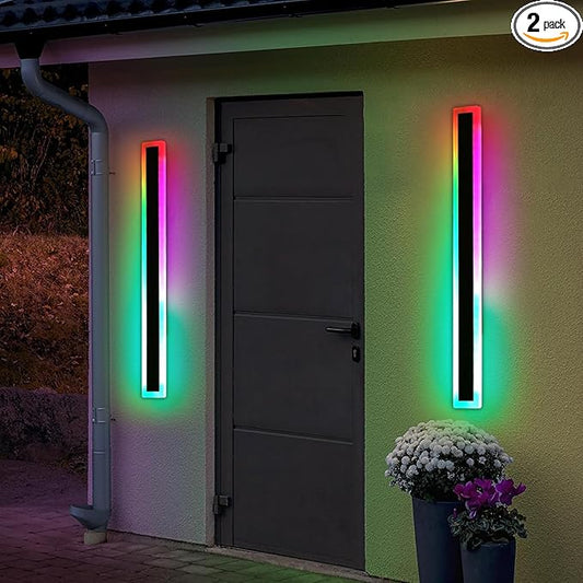 2 Pack Modern Outdoor Wall Lights, 39.3inch RGB LED Wall Sconce, IP65 Waterproof, Multi-Color Dimmable Light Fixture, Wall Mounted Lamps for Porch, Patio, Garage, House, with Remote Control
