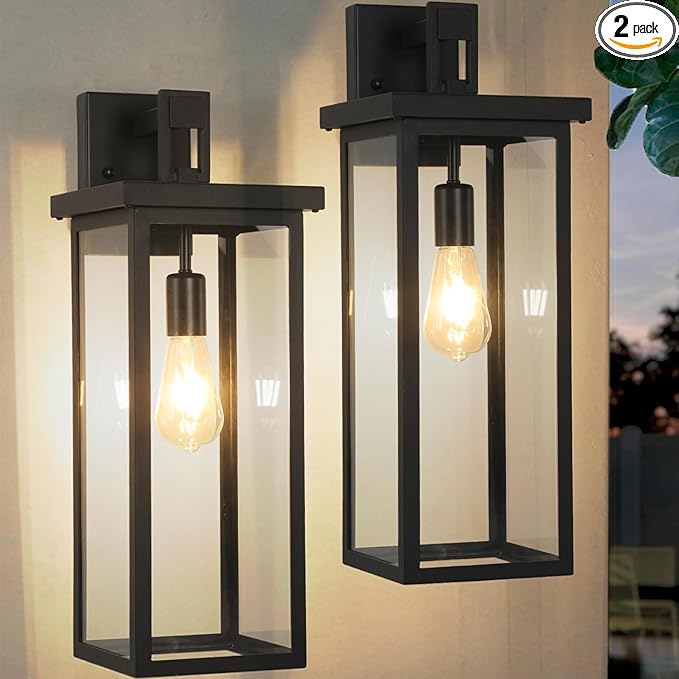 20" Large Exterior Lighting Fixtures Modern Wall Lantern,Outdoor Wall Lights with Clear Glass Shade,E26 Base Outdoor Lamps for Patio Porch,Waterproof Outside Exterior Lights for House 2 Pcs