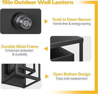 15in Dusk to Dawn Outdoor Wall Sconce-Black Modern Exterior Lighting Fixture Waterproof Porch Lights Large Outside Lantern Wall Mounted for Coach Doorway Patio E26 Base