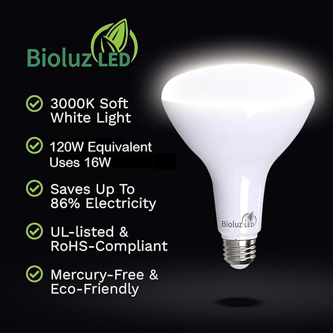 Bioluz LED 4 Pack BR40 LED Light Bulbs - Brightest Dimmable Instant ON Soft White 3000K 120W Equivalent Using 16W 1400 Lumen High CRI Indoor Floodlight Bulb Smooth UL Listed FCC RoHS Compliant