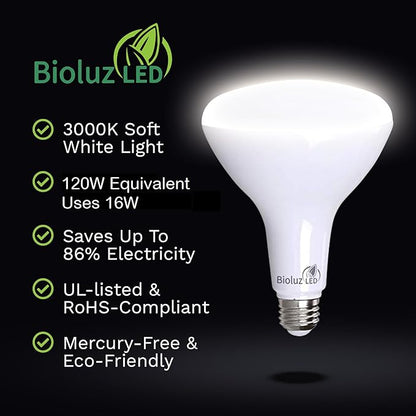 Bioluz LED 4 Pack BR40 LED Light Bulbs - Brightest Dimmable Instant ON Soft White 3000K 120W Equivalent Using 16W 1400 Lumen High CRI Indoor Floodlight Bulb Smooth UL Listed FCC RoHS Compliant