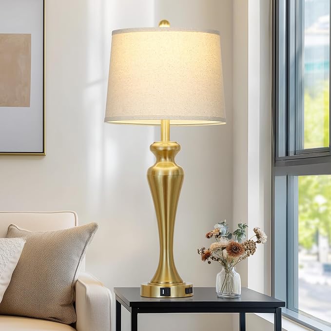 30" Gold Table Lamps Set of 2, 3-Way Dimmable Touch Lamps for Nightstand with USB A+C Ports and AC Outlet, Tall Bed Side Lamp for Living Room, Modern Brass Lamp for Bedroom Side End Table