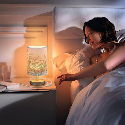 Bedside Lamp Flowers Herbs Wildflowers Botanical Table Lamp for Bedroom LED Nightstand Lamp Shade USB Ports Wood Base for Living Room Dorm Office