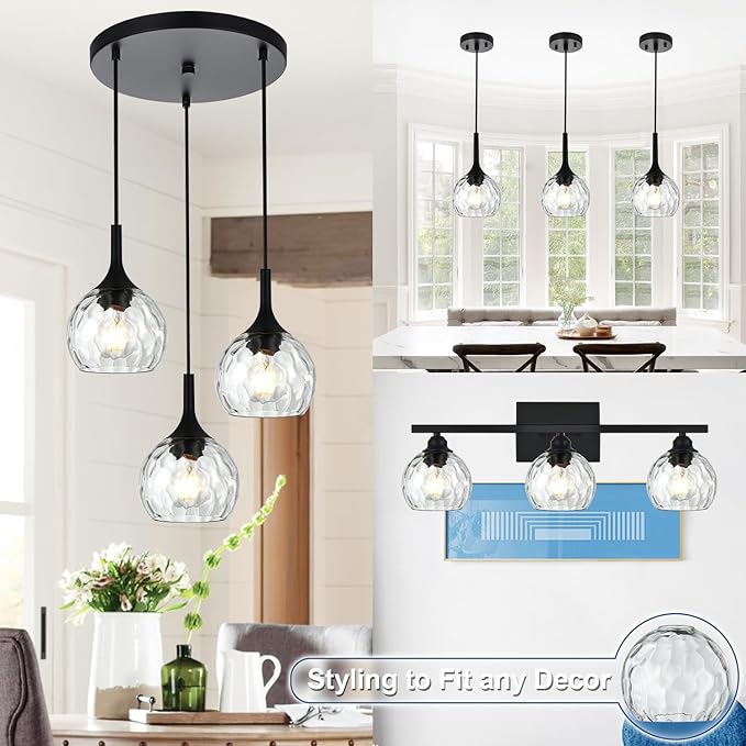 3 Pack Fixture Replacement Globe Shade, 6 Inch Diameter, E26 Base Clear Hammered Glass, Glass Globe Lampshade Cover for Pendant Wall Sconce Chandelier Vanity Light