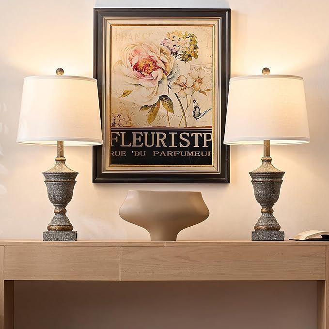 Retro Table Lamps Set of 2, 26.5'' Farmhouse Bedside Lamps with White Fabric Shades, Vintage Nightstand Lamps for Bedroom & Living Room, Bulbs Included