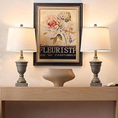 Retro Table Lamps Set of 2, 26.5'' Farmhouse Bedside Lamps with White Fabric Shades, Vintage Nightstand Lamps for Bedroom & Living Room, Bulbs Included