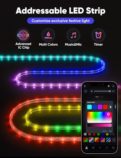 65FT Outdoor LED Strip Lights RGB+IC with Warm&Cool White, ETL Listed Music Sync Light Strip AC 120V, IP65 Waterproof and Connectable, for Party Festival Eave Porch Patio Every Day Decor