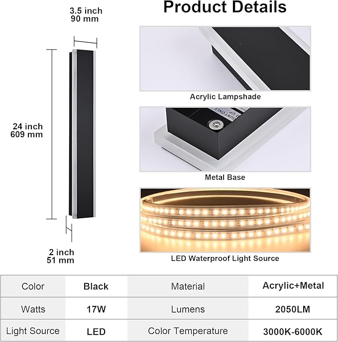 Yaohong 2 Pack 24 inch Long Outdoor LED Wall Lights, Modern Black 3000K-6000K Dimmable Exterior Lighting Fixtures, IP65 Waterproof Outdoor House Lights Wall Mount Outside Wall Lights for House Garage