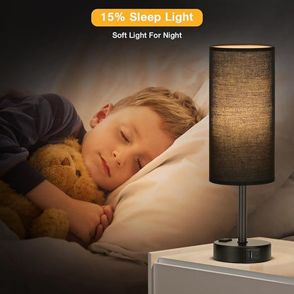 Black Touch Table Lamps Set - 3 Way Dimmable Bedroom Bedside Lamps Set of 2 with USB C and A Ports,Small Lamps for Nightstand with AC Outlet,Round Flaxen Shade for Desk,Office,Dorm,Nursery