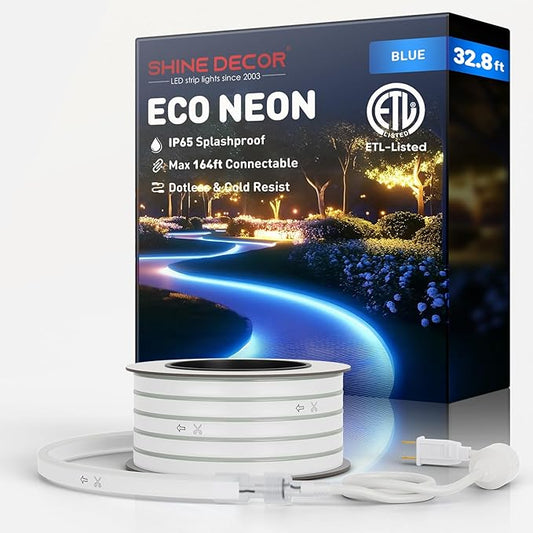 Shine Decor LED Rope Lights AC 120V, Connectable & Cuttable Dotless 120LEDs/M Eco Neon Strip Lighting, ETL IP65 Waterproof & Weather-Resistant for Home Commercial, 8x16mm, Blue, 32.8FT