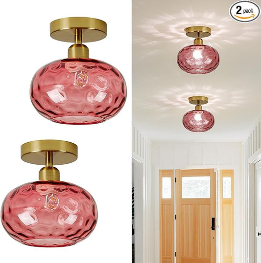Red Glass Semi Flush Mount Ceiling Light - 2 Pack,7.9 Inch Small Hammered Art Deco Glass Hallway Light fixtures, Vintage Gold Flush Mount Ceiling Light for entryway Foyer Laundry Room Kitchen