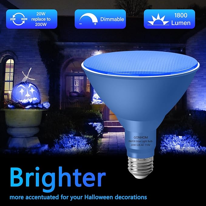PAR38 Flood Lights Outdoor,Dimmable LED Flood Light Bulbs,20W(Equivalent to 200W),E26 Base,Outdoor Porch,Holiday Lighting,LED Flood Light Bulb for Halloween,Christmas,4 Pack Blue