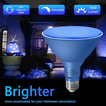 2 Pack PAR38 Blue Led Light Bulbs, Dimmable, 20W, E26 Base, Outdoor Indoor, Christmas Lighting, 1800 LM, Long Lifespan