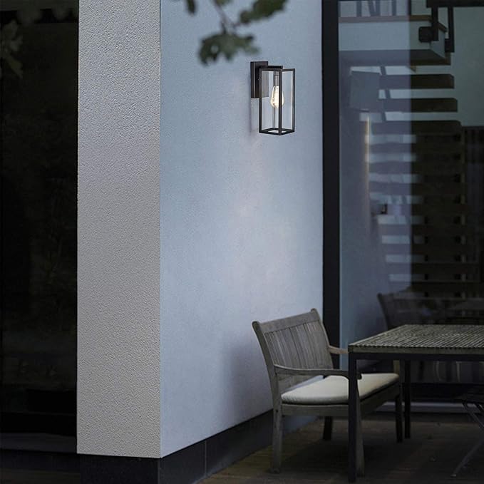 MICSIU Dusk to Dawn Outdoor Lighting, 14.5 Inch Exterior Wall Mount Lantern with Clear Glass, Industrial Textured Black Outside Lighting for Front Porch
