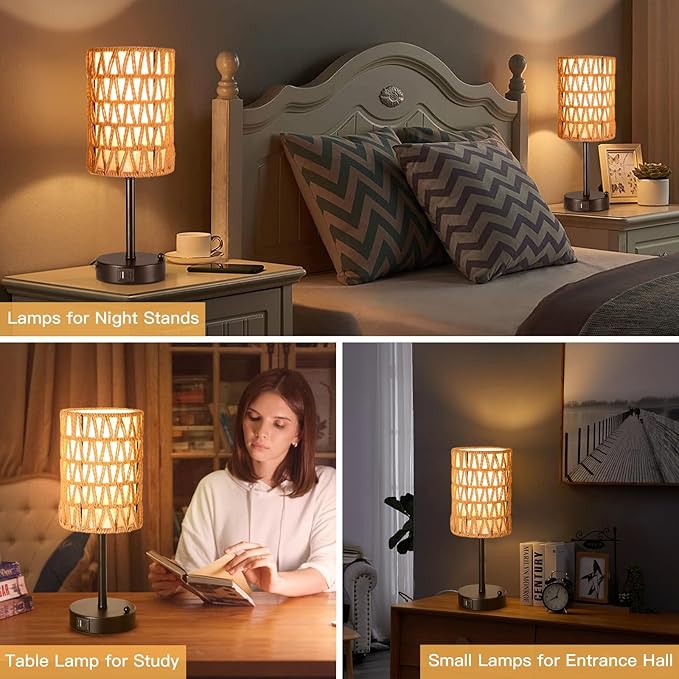 Rattan Table Lamps for Living Room, 3 Way Dimmable Touch Lamps, Small Bedside Lamps with LED Bulbs, Phone Stand, USB Ports and AC Outlet, Boho Nightstand Lamp for Kids Room, Bedroom, Office (2 Pack)