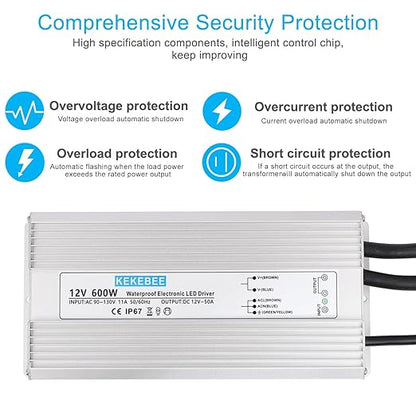 LED Driver 12V600W Waterproof Power Supply 110V/130V AC to 12V DC 50A Low Voltage Transformer IP67 Hotel Exterior Wall Landscape Light LED Light with Spotlight Switch Power Supply