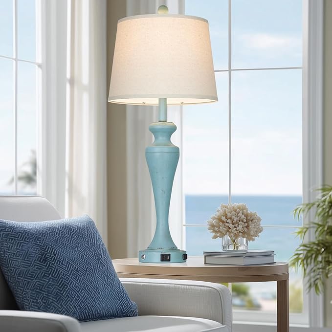 30" Blue Table Lamps Set of 2, Touch Control Coastal Living Room Lamp with USB A+C Ports and AC Outlet, 3-Way Bedside Lamps for Nightstand, Vintage Farmhouse Bedroom Lamp, 2 Bulbs Included