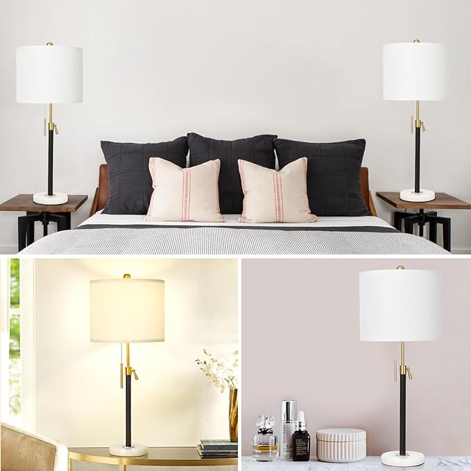 Table Lamps for Bedrooms Set of 2, 22" to 30" Height Adjustable Nightstand Lamps with Linen Shade, Pull Chain Switch Lamps for Living Room, 3 Way Dimmable Beside Lamp