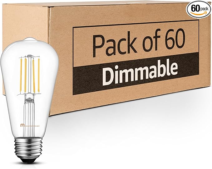 Mastery Mart 60 Pack Vintage LED Light Bulb 4000K Cool White, Dimmable, 5.5W (60 Watt Equivalent), ST21/ ST64 Clear Glass Antique Edison Style, 500LM E26 Decorative Filament Bulb