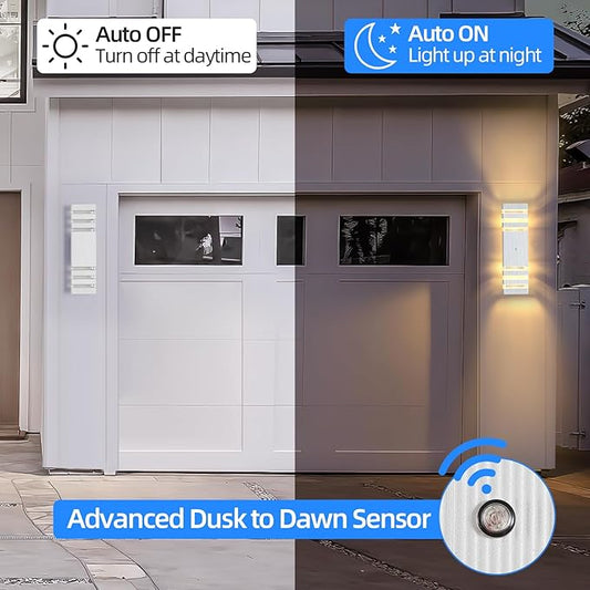 Dusk to Dawn Outdoor Wall Lights Modern Exterior Lighting Fixtures, 2 Pack White Outside Lights for House, Up and Down Porch Lights Outdoor Waterproof Sconces Wall Lighting for Garage Patio