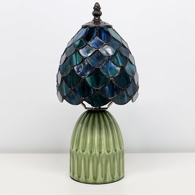 Tiffany Lamp Stained Glass Mushroom Table Lamps 6X6X12.5 Inch Sea Blue Fish Scale Style Small Night Light Ceramic Base Mini Accent Desk Light Suitable for Bedside Table Bedroom Children Room
