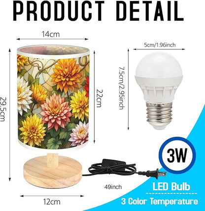 Chrysanthemum Table Lamp LED 3-Color Pressed Bedside, Chrysanthemum Shade Lamp with Wood Base for Bedroom Living Room Desk Office