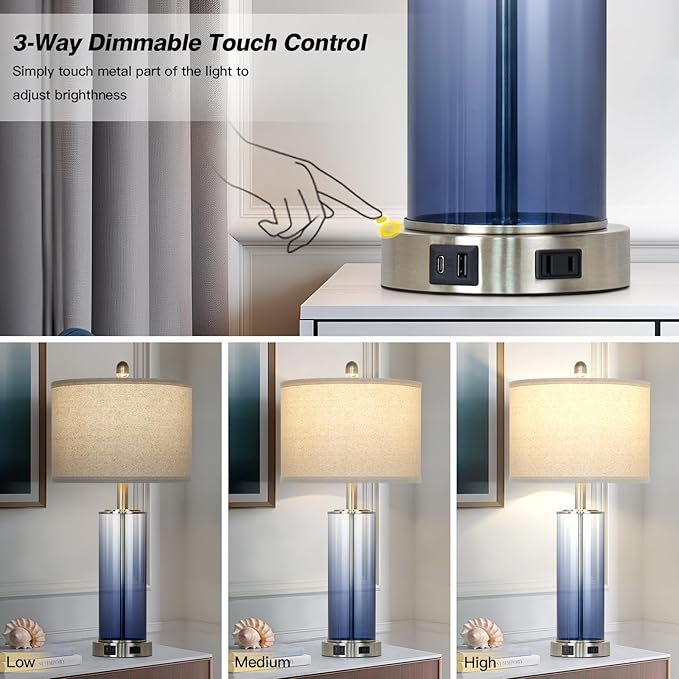 26 Inch Coastal Glass Table Lamp Single, 3-Way Dimmable Touch Control Bedroom Lamp with USB C+A Ports & AC Outlet, Modern Lamp for Living Room End Table, Nautical Bedside Lamp for Night stand, Blue