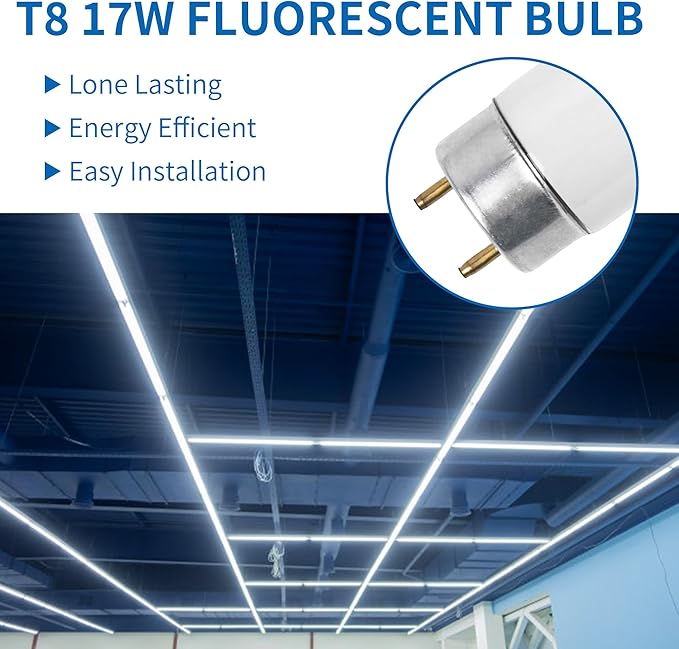 8 Pack 24 Inch F17T8/DL Fluorescent Light Bulb, T8 17 Watt, 6500K Daylight, T8 2FT Fluorescent Replacement Tube, G13 Medium Bi-Pin Base