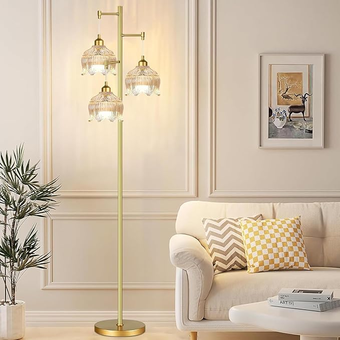 Gold Floor Lamp for Living Room,Bedroom,Mid Century Modern Standing Lamp Brass Tree 3 Light Tall Floor Lamps Vintage Retro Floor Lights Glass Amber Flower Lamp Shade Farmhouse Boho Bohemian