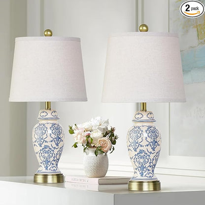 RORIANO Chinoiserie Ceramic Table Lamps Set of 2 for Living Room Bedroom Bedside, Traditional Blue Porcelain Classic Table Lamp for Nightstand Entryway, 2 LED Bulbs Included