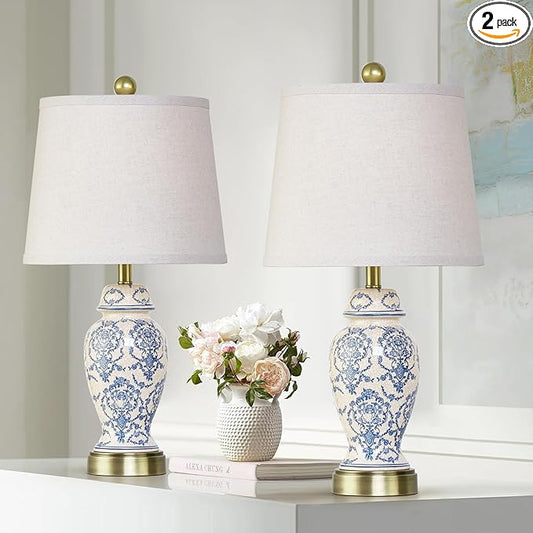 RORIANO Chinoiserie Ceramic Table Lamps Set of 2 for Living Room Bedroom Bedside, Traditional Blue Porcelain Classic Table Lamp for Nightstand Entryway, 2 LED Bulbs Included