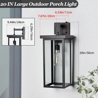 Dusk to Dawn Sensor Outdoor Wall Mount Light Fixture,20" Large Outdoor Wall Lights Exterior Front Porch Light，Black Exterior Sconce with E26 Socket，Waterproof Outside Lights for House 1 Pack