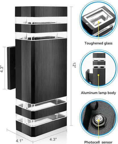 Outdoor Wall Light Dusk to Dawn, Exterior Sconce Lighting Fixture, Up and Down Porch Light Waterproof Aluminum Square PC and Tempered Glass Cover 3000k 7W 2Pack Black Certificate ETL