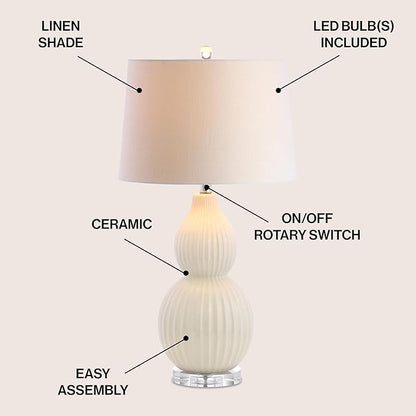 JONATHAN Y JYL8019A 28.25" Cream Contemporary Ceramic Gourd Table Lamp for Living Room, Bedroom, Transitional Bedside Nightstand Lamp with White Linen Drum Shade and Crystal Base, LED Bulb Included