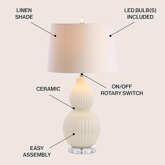 JONATHAN Y JYL8019A 28.25" Cream Contemporary Ceramic Gourd Table Lamp for Living Room, Bedroom, Transitional Bedside Nightstand Lamp with White Linen Drum Shade and Crystal Base, LED Bulb Included