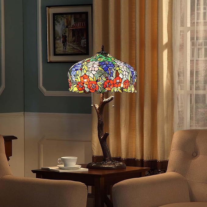 Bieye S10557 Tiffany-Style Stained Glass Lampshade - Elegant Wisteria and Rose Flower Design - 16-inch Wide, 10-inch High